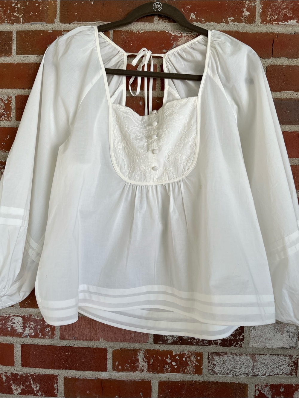 Maurice’s Off White Tie-Back Peasant Blouse with Embroidered Yoke